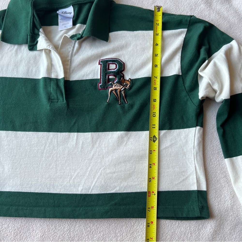 Disney Bambi Cropped Rugby Top XL Stripe Varsity Green White Long Sleeves - Picture 9 of 11